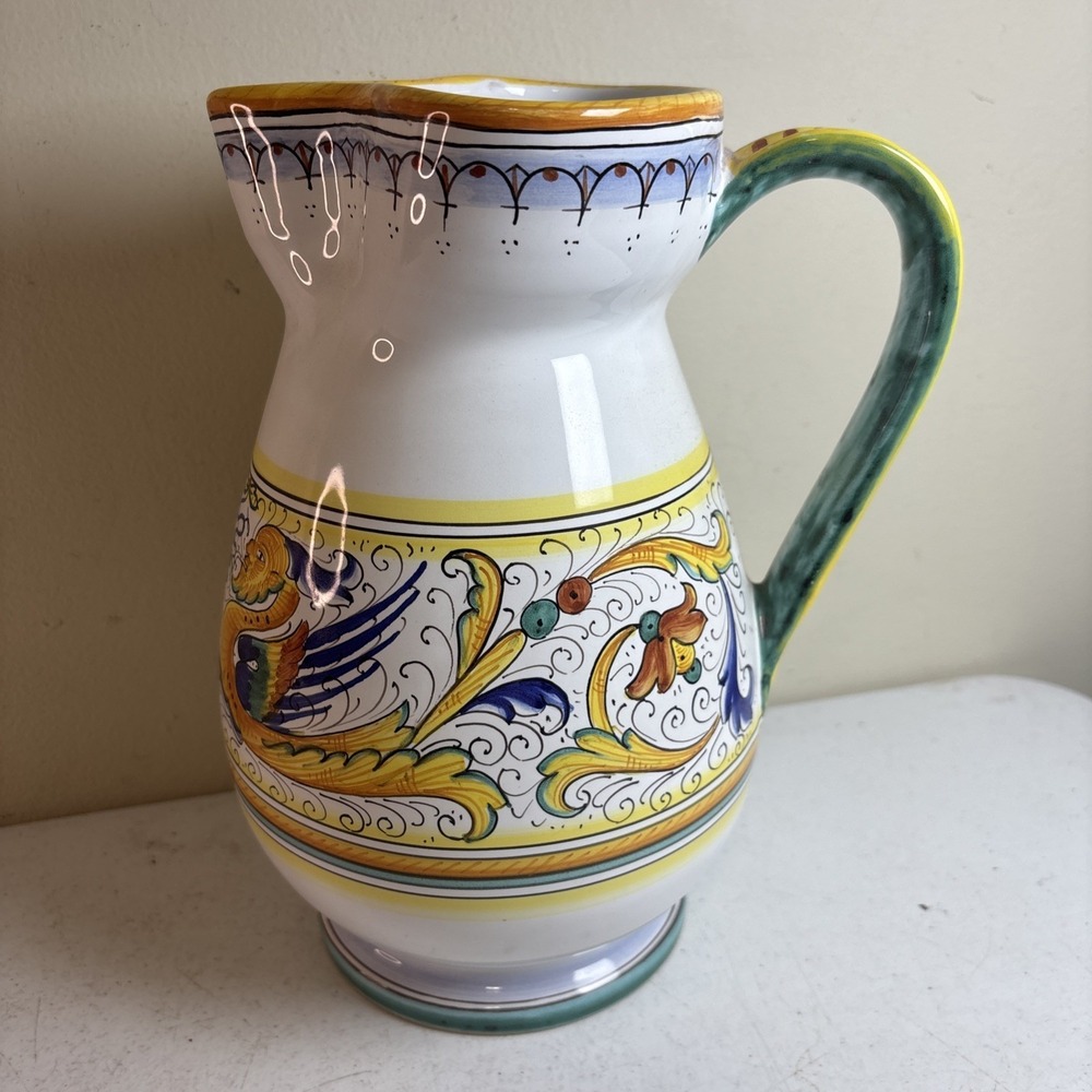 Vtg Raffaellesco XL Pitcher Italy Ceramica Deruta Hand Painted Dragons Majolica